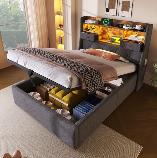 Polsterbett 90x200 cm mit LED, Stauraum, USB/Type-C und Matratze – graues Leinenbett mit Kopfteil