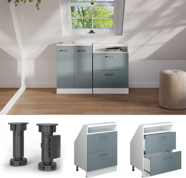 Küchenschrank für Dachschrägen R-Line Blau-Grau 60 cm mit 2 Schubladen Vicco Bild 5