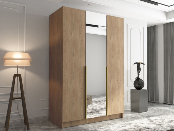 Drehtürenschrank Cikzori II, Kleiderschrank mit 3 Türen, Frontspiegel (Farbe: Eiche Cremona / Eiche Cremona + Gold)