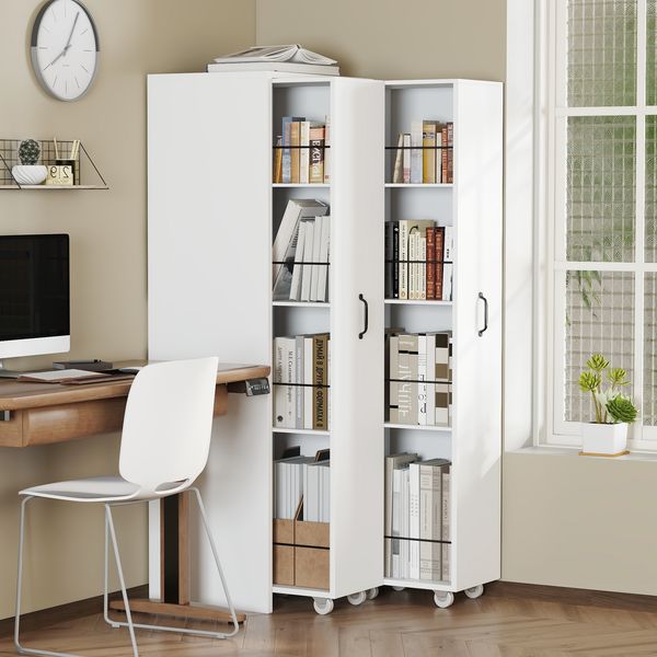 Flieks ausziehbares Bücherregal 51.5 x 41 x 158 cm mit Rollen, schmaler Aufbewahrungsschrank mit 4 Ebenen, links/rechts stellbar, weiß