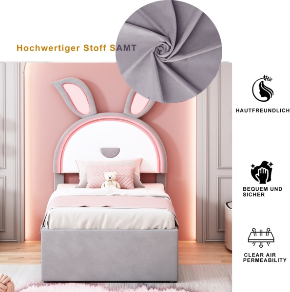 Kinderbett mit LED, Ausziehbett & Schubladen, Polster-Einzelbett 90×200, Kinderzimmer Bettgestell Bild 6