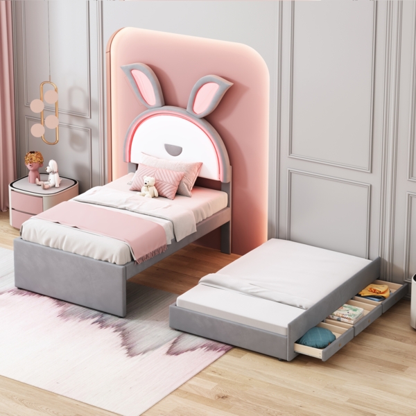 Kinderbett mit LED, Ausziehbett & Schubladen, Polster-Einzelbett 90×200, Kinderzimmer Bettgestell Bild 3