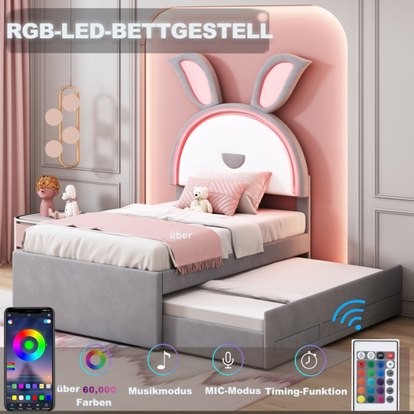 Kinderbett mit LED, Ausziehbett & Schubladen, Polster-Einzelbett 90×200, Kinderzimmer Bettgestell Bild 5