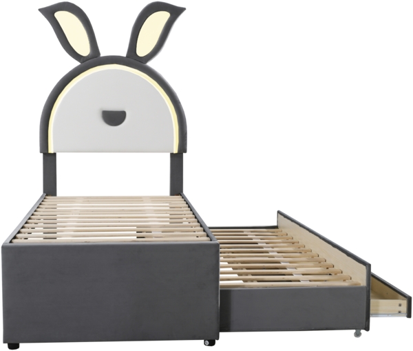 Kinderbett mit LED, Ausziehbett & Schubladen, Polster-Einzelbett 90×200, Kinderzimmer Bettgestell Bild 10