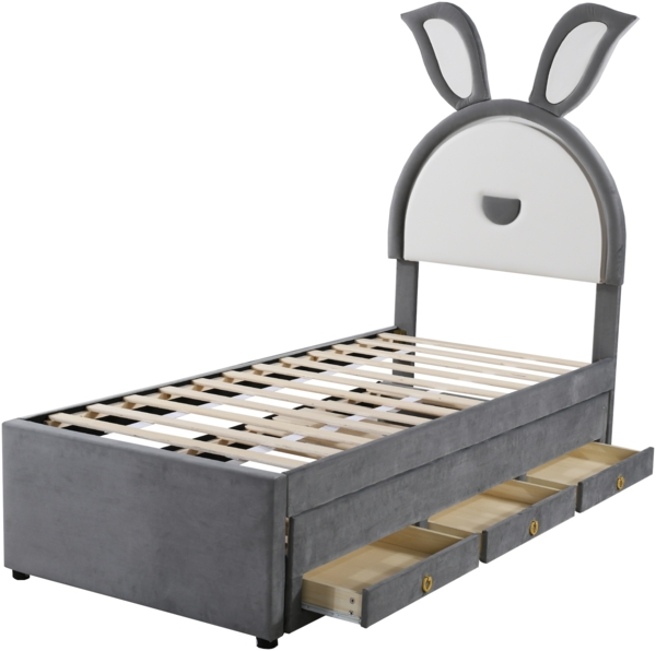 Kinderbett mit LED, Ausziehbett & Schubladen, Polster-Einzelbett 90×200, Kinderzimmer Bettgestell Bild 9