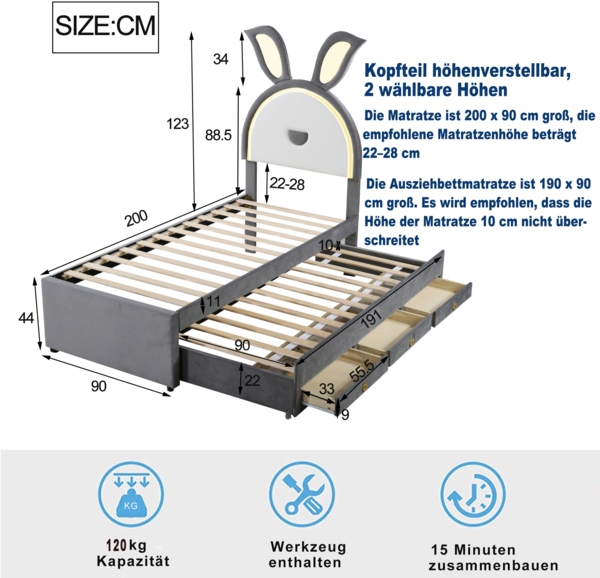 Kinderbett mit LED, Ausziehbett & Schubladen, Polster-Einzelbett 90×200, Kinderzimmer Bettgestell Bild 7