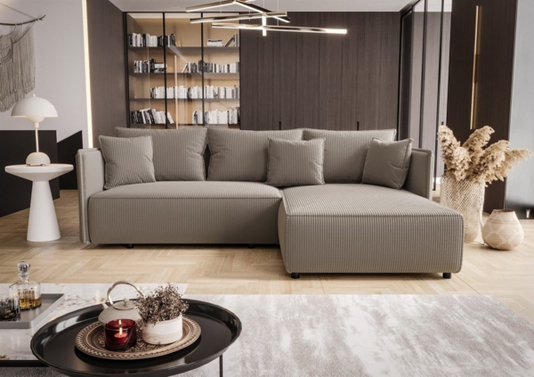 Ecksofa Schlafsofa EVORA Stoff Poso Hellbraun Ottomane Rechts