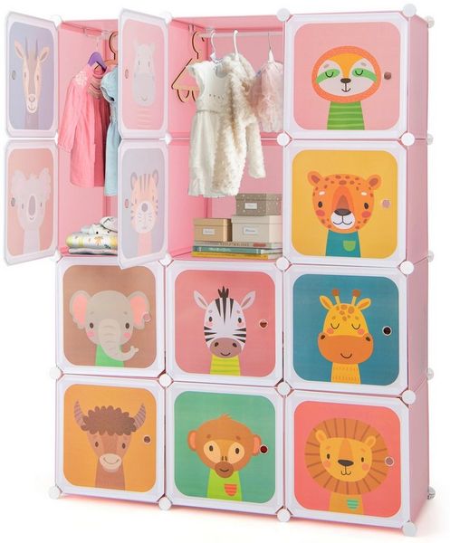 COSTWAY Kinderkleiderschrank mit Kleiderstange und 8 Würfeln, erweiterbar