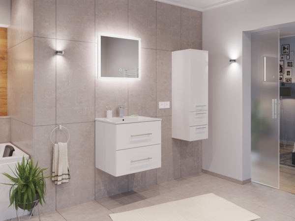 Badmöbel Set Firenze 60 3tlg. LED Spiegel und Seitenschrank weiß hochglanz : Weiss hochglanz