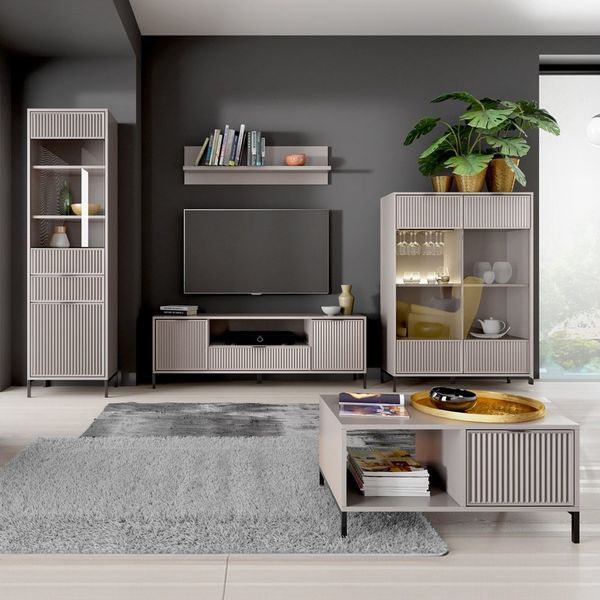 Lomadox Wohnwand LAURO-161, (5-St, Kommode Vitrine Wandregal Lowboard Highboard Couchtisch), Wohnzimmer Set Kaschmir beige modern mit Rillenoptik und Beleuchtung