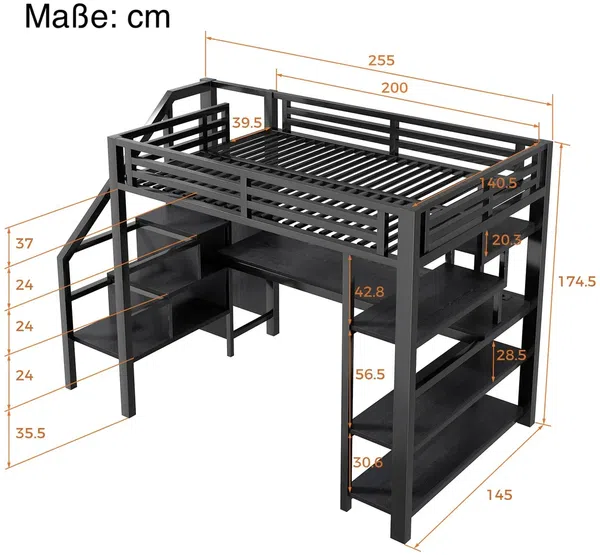 Hochbett mit Schreibtisch, LED-Streifen, Kleiderschrank, Regal, Treppe, Steckdose, USB, Rausfallschutz, 140x200cm, Kinderbett, Metallbett Bild 4