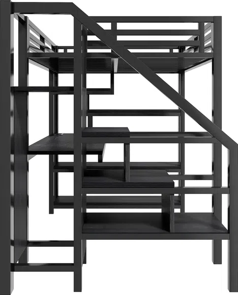 Hochbett mit Schreibtisch, LED-Streifen, Kleiderschrank, Regal, Treppe, Steckdose, USB, Rausfallschutz, 140x200cm, Kinderbett, Metallbett Bild 8
