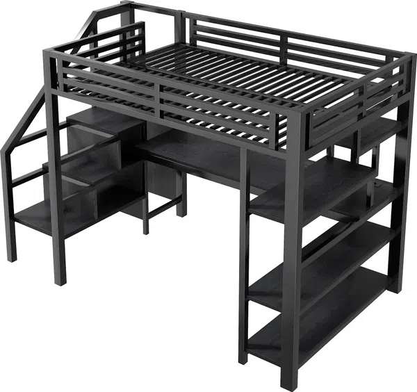 Hochbett mit Schreibtisch, LED-Streifen, Kleiderschrank, Regal, Treppe, Steckdose, USB, Rausfallschutz, 140x200cm, Kinderbett, Metallbett Bild 5