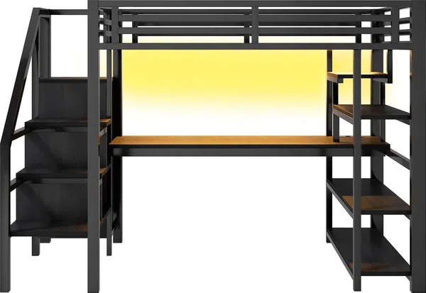 Hochbett mit Schreibtisch, LED-Streifen, Kleiderschrank, Regal, Treppe, Steckdose, USB, Rausfallschutz, 140x200cm, Kinderbett, Metallbett Bild 6