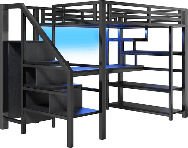 Hochbett mit Schreibtisch, LED-Streifen, Kleiderschrank, Regal, Treppe, Steckdose, USB, Rausfallschutz, 140x200cm, Kinderbett, Metallbett Bild 7