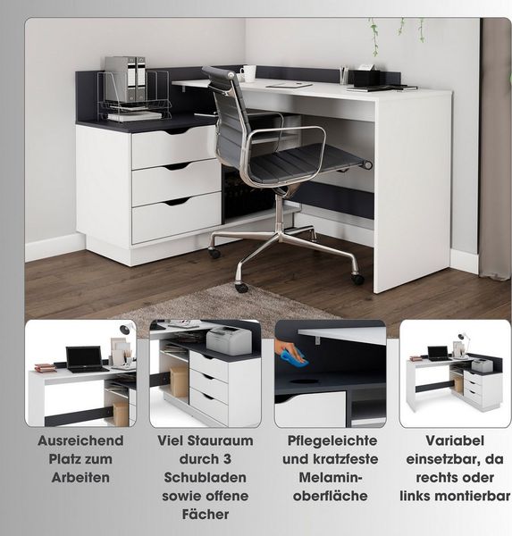 HOMEXPERTS 'Baltasar' Winkelschreibtisch mit 3 Schubkästen, Weiß/Anthrazit, 84 x 105 x 129 cm Bild 3