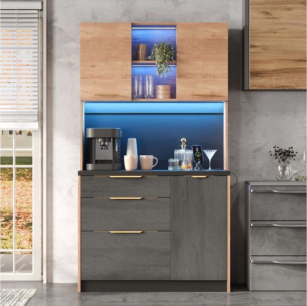 Flieks Küchenbuffet mit Steckdosen und LED-Beleuchtung, Holzoptik&Zementstrukturoptik (1-St, 100×40×180 cm) Küchenschrank Hochschrank mit schwarzer Arbeitsplatte und Schubladen