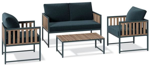 KHG Gartenlounge-Set 4-teilig Grau für 4 Personen, (Lounge-Set mit 2-Sitzer, 2 Sesseln mit Sitzkissen & Tisch aus Akazie, 4-tlg, wetterfest UV-beständig, 125 x 65 x 65 cm)