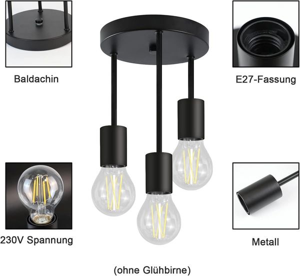 ZMH LED Deckenleuchte 3/6 Flammig Deckenstrahler Vintage E27 Schwarz-Gold Schlafzimmer, mit 3 Spots Kronleuchter, LED fest integriert, Modern Deckenspots für Esszimmer Küche Bild 4