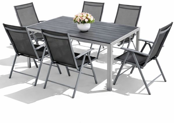 7tlg Gartenmöbel Set Alu Silber Non-Wood 180x90cm + 6 Hochlehner