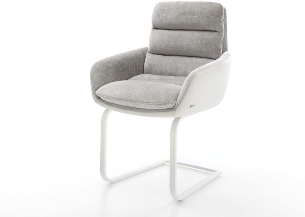 Freischwinger Abelia-Flex mit Armlehnen Materialmix Echtleder Weiß-Silbergrau Freischwinger flach Weiß