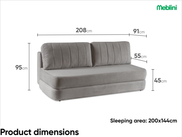 MEBLINI Sofa mit Schlaffunktion – ORBIS – 211x103x93cm – Grau Plüsch – Schlafcouch Ausziehbar - Schlafsofa mit Bettkasten - Sofabett - Couch mit Schlaffunktion – Klappsofa Bild 6