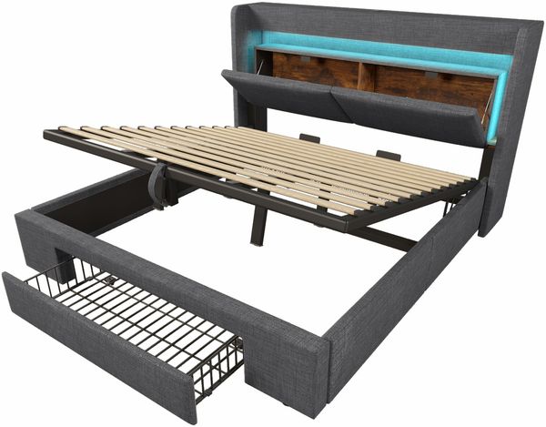 Polsterbett 180×200 cm mit hydraulischem Bettkasten, LED und USB/USB-C, Grau, ohne Matratze Bild 5