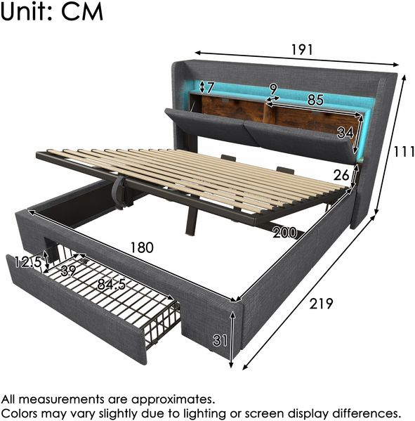 Polsterbett 180×200 cm mit hydraulischem Bettkasten, LED und USB/USB-C, Grau, ohne Matratze Bild 4