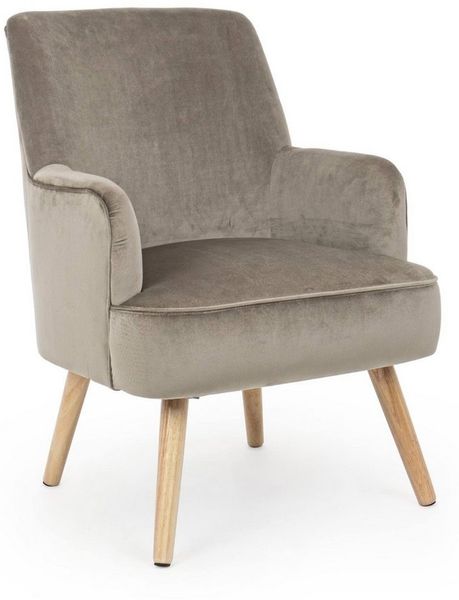 Sessel Enilda Samt-Optik, klassischer Stil, Taupe, gepolstert, Gestell Buchenholz natur