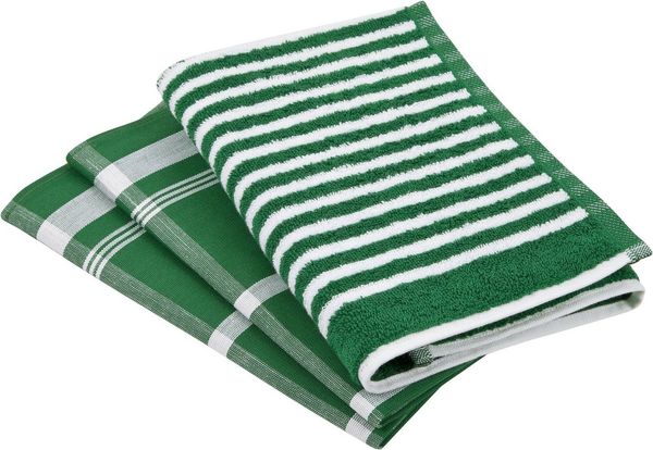 ROSS Geschirrtuch Exclusiv, (Set, 3-tlg), 1x Küchen-Frottiertuch (Streifen) und 2 Geschirrtücher (Karodesign)