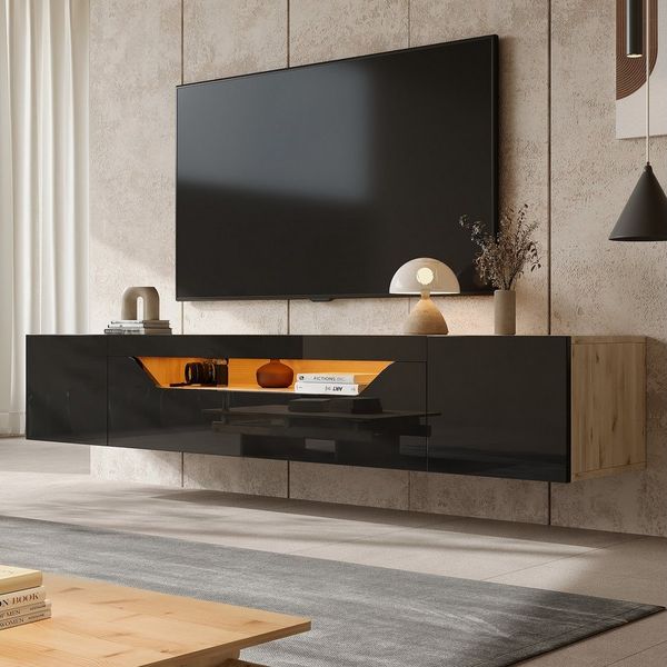 Merax TV-Schrank mit Hochglanzfront in Schwarz & Holzoptik (1-St, 180*37*36cm) Fernsehschrank mit LED, 3 Staufächer & Klapptür,Hängeboard TV-Lowboard