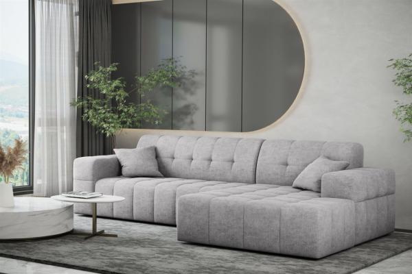 Ecksofa Designersofa NANCY in Stoff Perfekt Harmony Hellgrau Ottomane Rechts