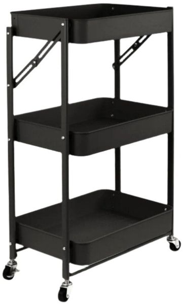 Todeco Klappbarer Rollwagen mit 3 Ebenen, Servierwagen, Küchenwagen aus Metall und Kunststoff, Keine Montage, 46 x 29 x 78 cm, für Bad, Küche (Schwarz)