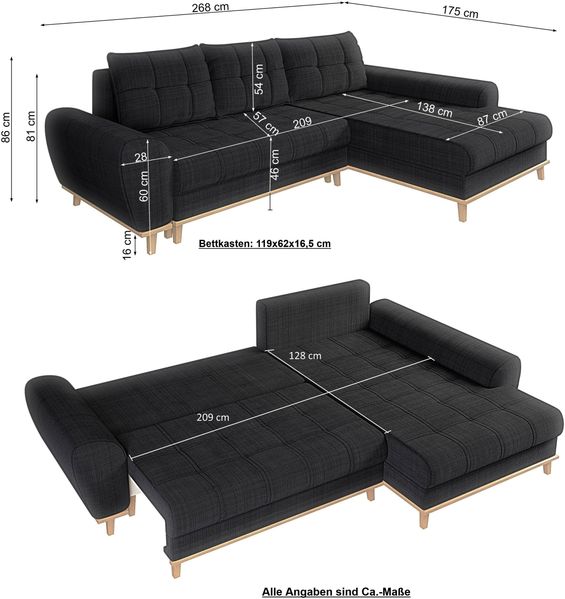 Ecksofa Scandi-Stil Schlafcouch Stauraum Ottomane RE Bouclé Chenille Anthrazit Bild 9
