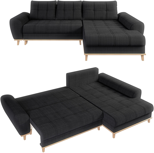 Ecksofa Scandi-Stil Schlafcouch Stauraum Ottomane RE Bouclé Chenille Anthrazit