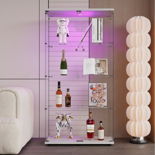 FUROKOY Glasvitrine Standvitrine, Modern Glas Vitrinenschrank (4 Lagen Glasvitrine mit 2 Glastür, Sammlervitrine, für Sammlerstücke Bücher Wein (mit Licht, weiß)