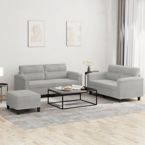 vidaXL 3-tlg. Sofagarnitur mit Kissen Hellgrau Mikrofasergewebe 3202321
