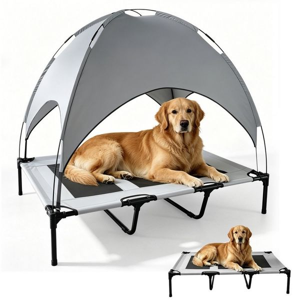BlingBin Tierbett Hundeliege Outdoor mit Dach, Erhöhtes Hundebett für extra große Hunde, 600D Oxford-Stoff, Kühlendes Haustierliege mit Atmungsaktiv Mesh für Camping