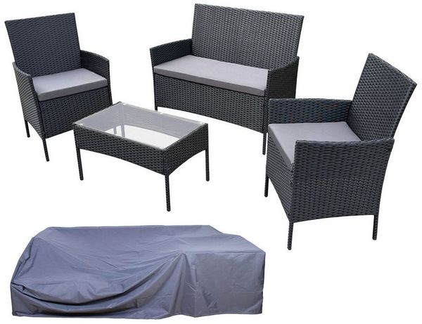 SVITA Sitzgruppe BROOKLYN, (Set, Gartenlounge mit Abdeckhaube), 4-teilig, Polyrattan Lounge Set, wetterfest, inkl. Kissen, Schwarz
