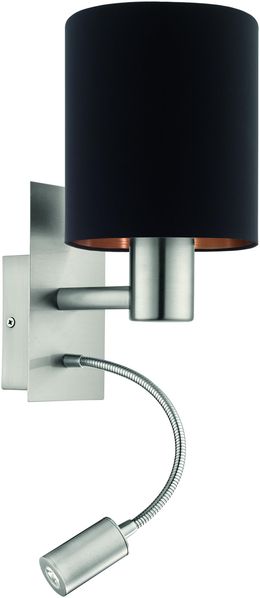 EGLO Wandlampe Bett Pasteri, Textil Wandleuchte Schlafzimmer mit LED Leseleuchte, Leselampe Wandmontage aus Metall in Silber und Stoff in Schwarz und Kupfer, E27 Fassung