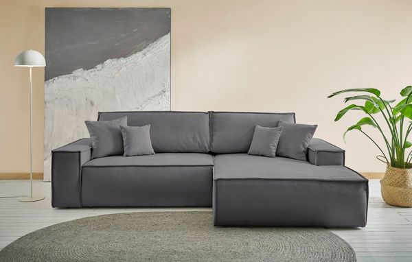 andas Ecksofa Finnley Schlafsofa 267 cm in Bouclé, Struktur fein u. Cord, L-Form, Schlaffunktion m. Bettkasten (136/210 cm), Bouclé, Struktur und Cord