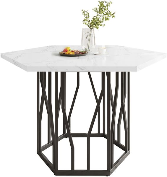 Moderner sechseckiger Marmor-Esstisch, schwarzes Metallzweiggestell, schlichter ästhetischer Couchtisch, geeignet für Esszimmer und Wohnzimmer Bild 5