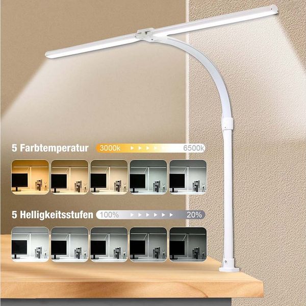 Sunicol LED Schreibtischlampe Doppelkopf klemmbar Schreibtischlampe, Dimmbar LED Tischlampe, 3000K-6500K, Flexibler Schwanenhals Büro Tischlampe mit Fernbedienung, 24W