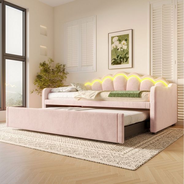 Merax Daybett 90x200cm/180x200cm Tagesbett mit Ausziehbett (1 tlg), Polsterbett mit LED-Streifen, Schlafsofa Kinderbett, Samt
