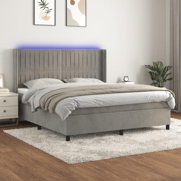 vidaXL Boxspringbett mit Matratze & LED Hellgrau 180x200 cm Samt 3139697