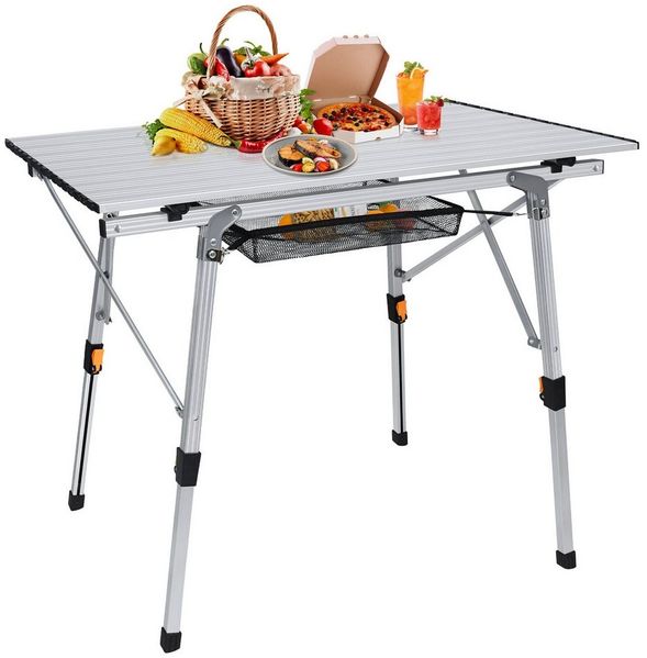 FIVMEN Campingtisch Camping Beistelltisch Faltbar Gartentisch Höhenverstellbar aus Alu, Balkontisch mit Packtasche, für Camping 90 x 52 x 45 cm, Silber/Schwarz