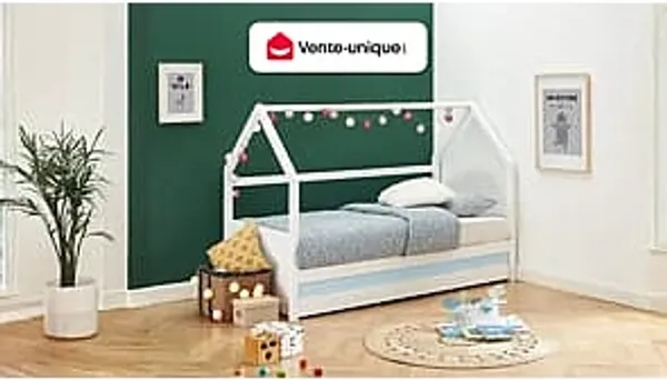 Vente-unique - HURRA Bett Holz, Platte Weiß - B 97 cm x H 143 cm x L 202 cm