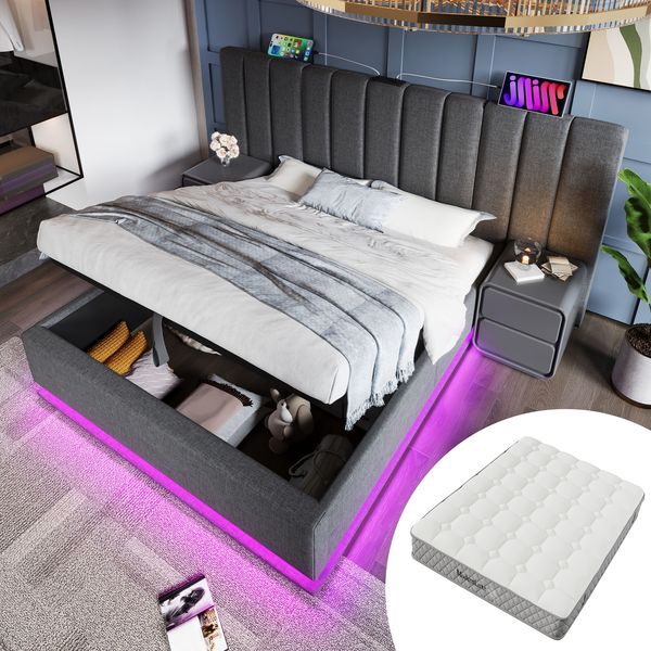 Polsterbett 180×200 cm aus Leinen-Stoff mit LED-Beleuchtung und Matratze, grau