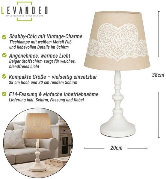 Levandeo® Nachttischlampe, Tischlampe Weiß 38cm hoch Shabby Metall Creme Beige Nachtlicht
