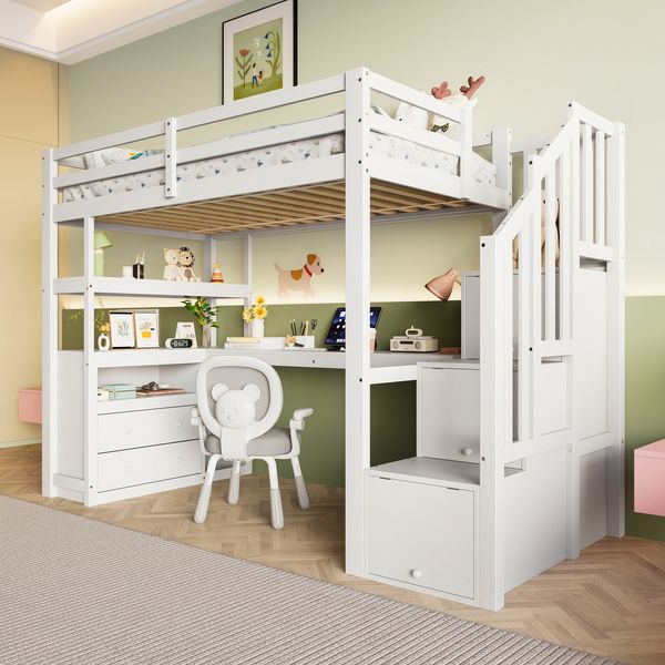 Merax 90*200cm, Hochbett, Bett und Tisch, Stauraumleiter, zwei Schubladen, weiß